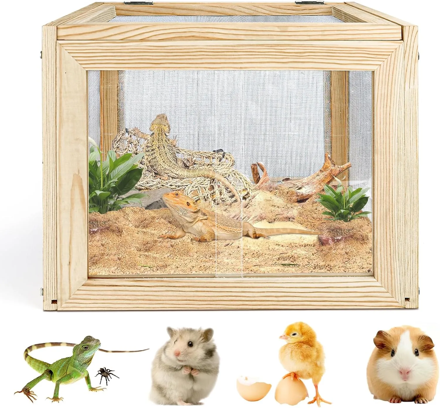 Reptile Terrarium, Reptile Enclosure, Lizard, Leopard Gecko Tank with Openable Metal Mesh Roof Door, Wooden Small Animal Feeding Box for Bearded Dragon, Chameleons, Hamster 15.7" L x 11.8" W x 11.8" H