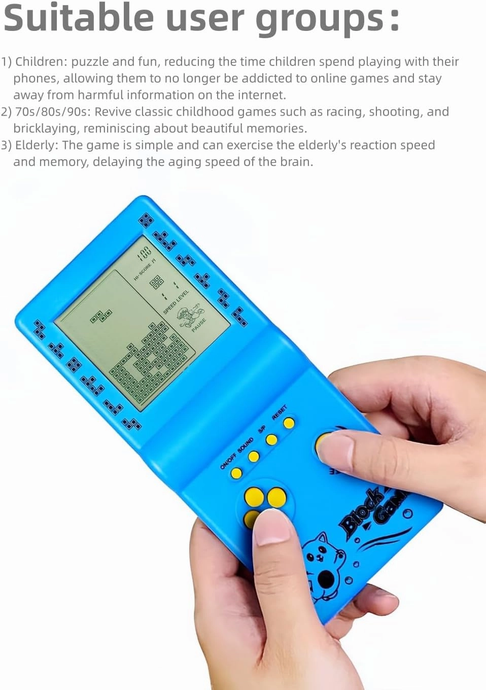 Retro Classic Block Game Console Multiple Games Adjustable Level/Speed Handheld Porable Console Brick Game/Racing/Tank Battle Puzzle Game Electronic Toys Children/Friends (White)