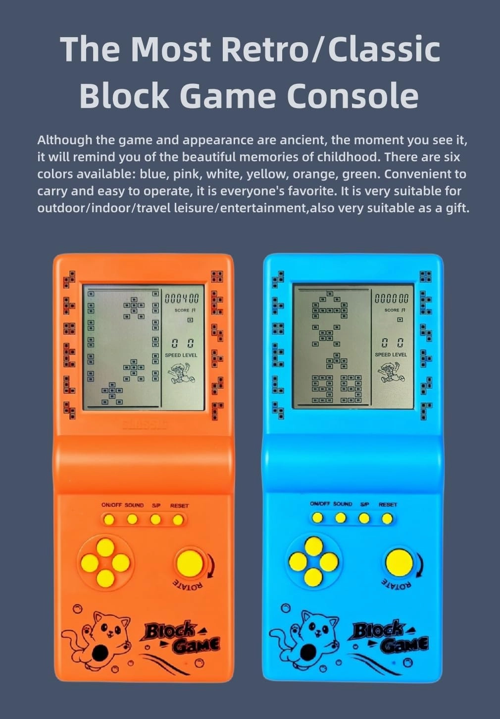 Retro Classic Block Game Console Multiple Games Adjustable Level/Speed Handheld Porable Console Brick Game/Racing/Tank Battle Puzzle Game Electronic Toys Children/Friends (White)