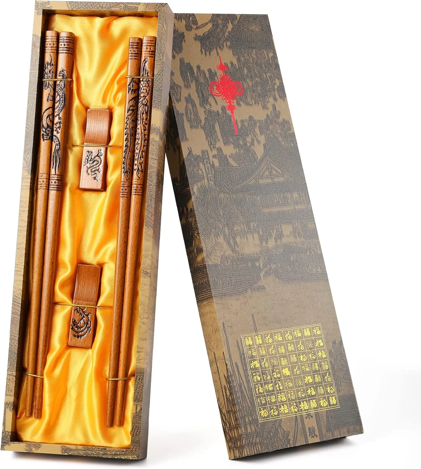 Reusable Chinese Style Chopsticks - Dragon and Phoenix Set With Holder and Carrying Bag, Natural Wooden Gift Set (2 Pairs)