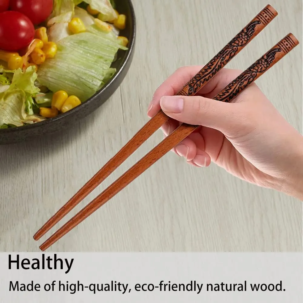 Reusable Chinese Style Chopsticks - Dragon and Phoenix Set With Holder and Carrying Bag, Natural Wooden Gift Set (2 Pairs)