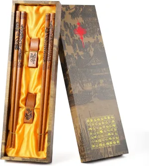 Reusable Chinese Style Chopsticks - Dragon and Phoenix Set With Holder and Carrying Bag, Natural Wooden Gift Set (2 Pairs)