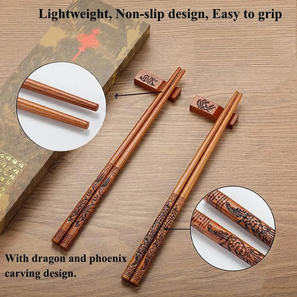 Reusable Chinese Style Chopsticks - Dragon and Phoenix Set With Holder and Carrying Bag, Natural Wooden Gift Set (2 Pairs)