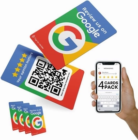 Reusable Review Tap Card for Google Reviews - 4-Cards Pack - QR & Tap NFC Review Card - Review Us on Google Tap Card - iPhone & Android - Boost my Reviews Card - Set Up at Home | by MESSAGENES