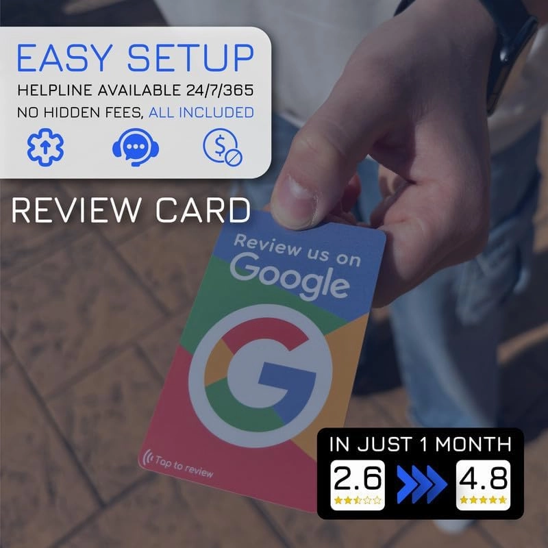 Reusable Review Tap Card for Google Reviews - 4-Cards Pack - QR & Tap NFC Review Card - Review Us on Google Tap Card - iPhone & Android - Boost my Reviews Card - Set Up at Home | by MESSAGENES