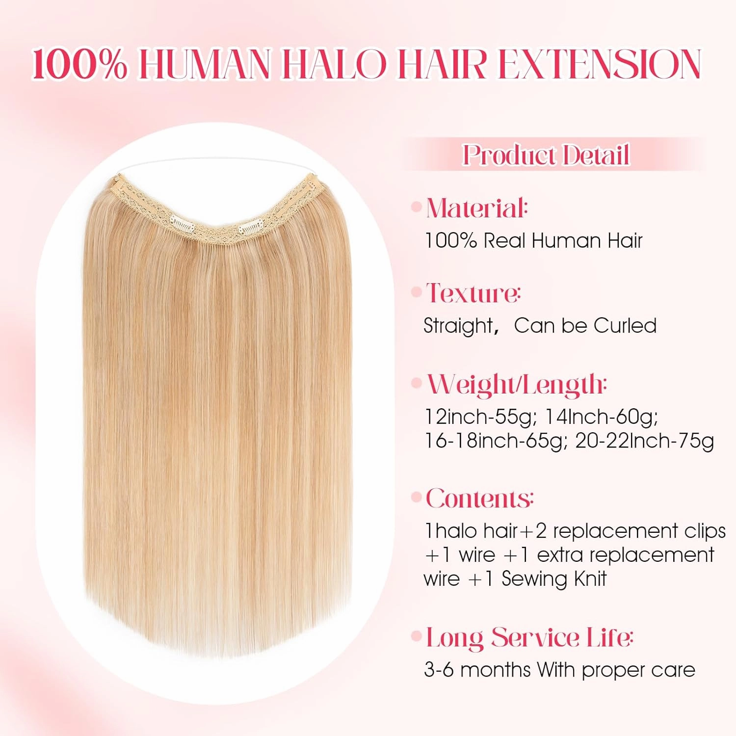 Rich Choices 100% Real Human Halo Hair Extensions Remy Invisible Wire In Hair Extensions Human Hair Clip in Hair Piece Straight,Can be Curled 12 Inch #18P613 Ash Blonde Highlight Bleach Blonde