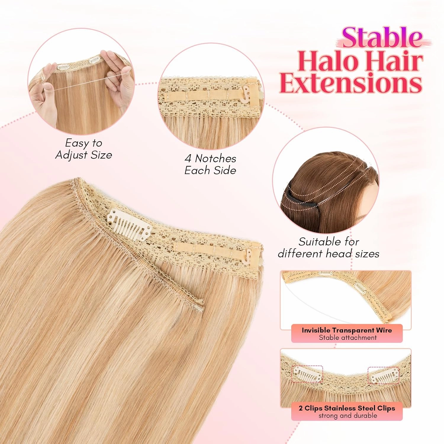 Rich Choices 100% Real Human Halo Hair Extensions Remy Invisible Wire In Hair Extensions Human Hair Clip in Hair Piece Straight,Can be Curled 12 Inch #18P613 Ash Blonde Highlight Bleach Blonde
