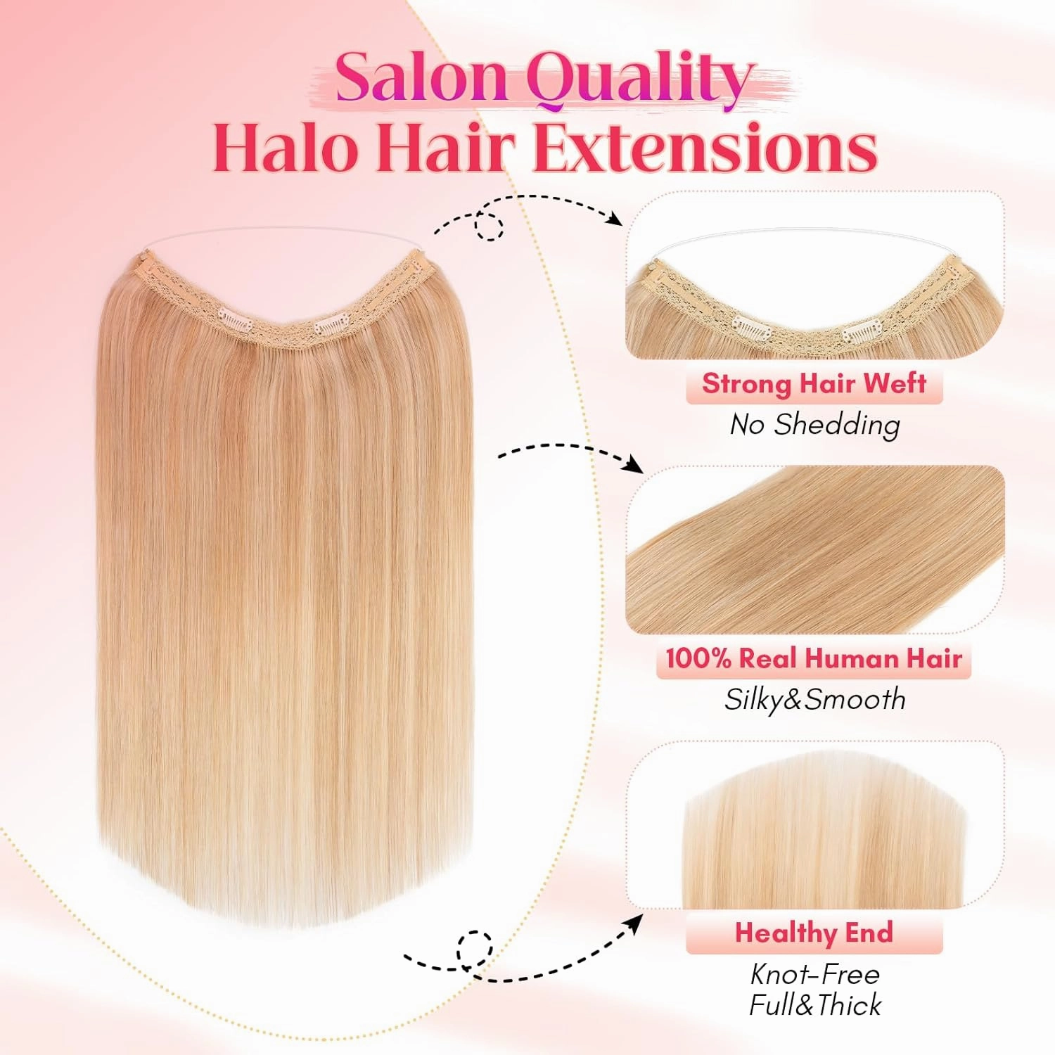 Rich Choices 100% Real Human Halo Hair Extensions Remy Invisible Wire In Hair Extensions Human Hair Clip in Hair Piece Straight,Can be Curled 12 Inch #18P613 Ash Blonde Highlight Bleach Blonde