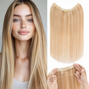 Rich Choices 100% Real Human Halo Hair Extensions Remy Invisible Wire In Hair Extensions Human Hair Clip in Hair Piece Straight,Can be Curled 12 Inch #18P613 Ash Blonde Highlight Bleach Blonde