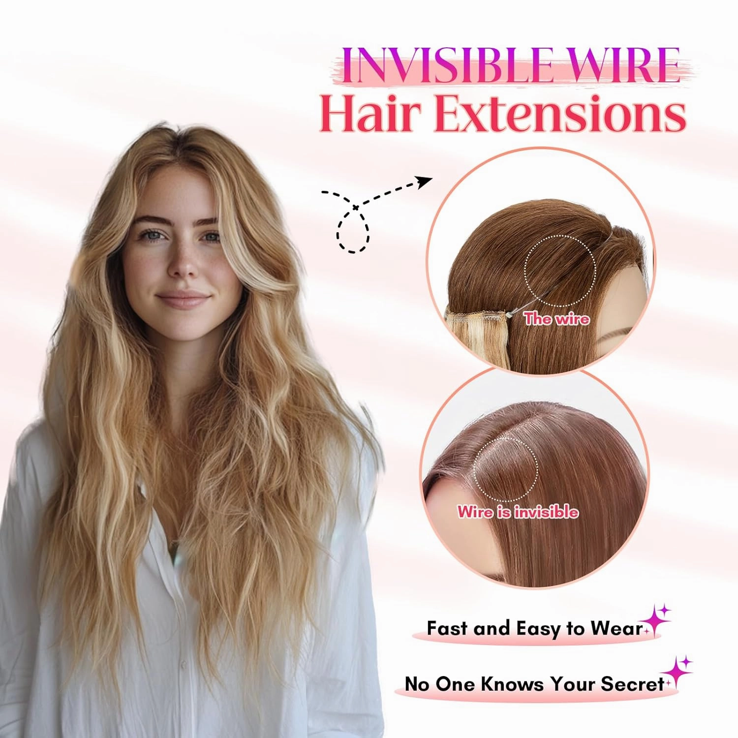 Rich Choices 100% Real Human Halo Hair Extensions Remy Invisible Wire In Hair Extensions Human Hair Clip in Hair Piece Straight,Can be Curled 12 Inch #18P613 Ash Blonde Highlight Bleach Blonde