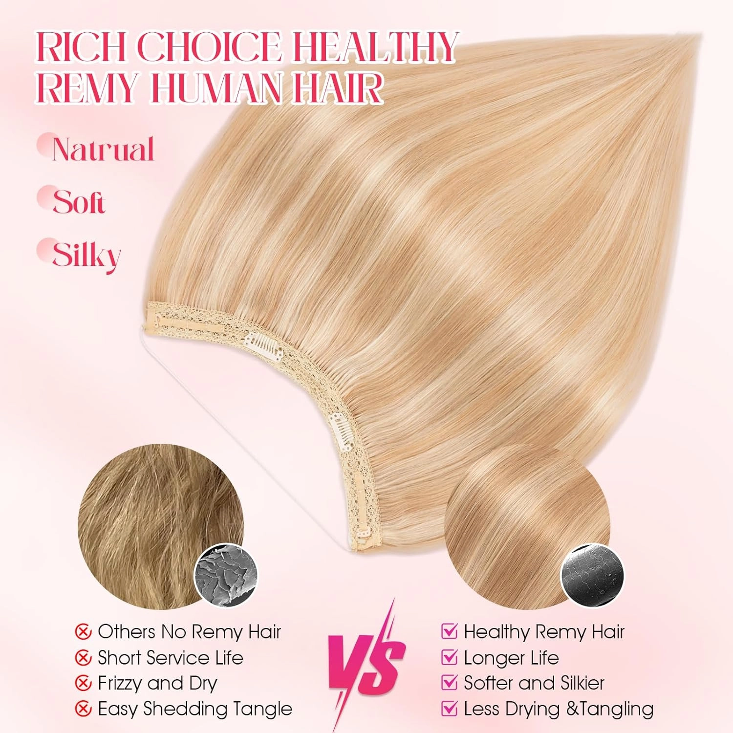 Rich Choices 100% Real Human Halo Hair Extensions Remy Invisible Wire In Hair Extensions Human Hair Clip in Hair Piece Straight,Can be Curled 12 Inch #18P613 Ash Blonde Highlight Bleach Blonde