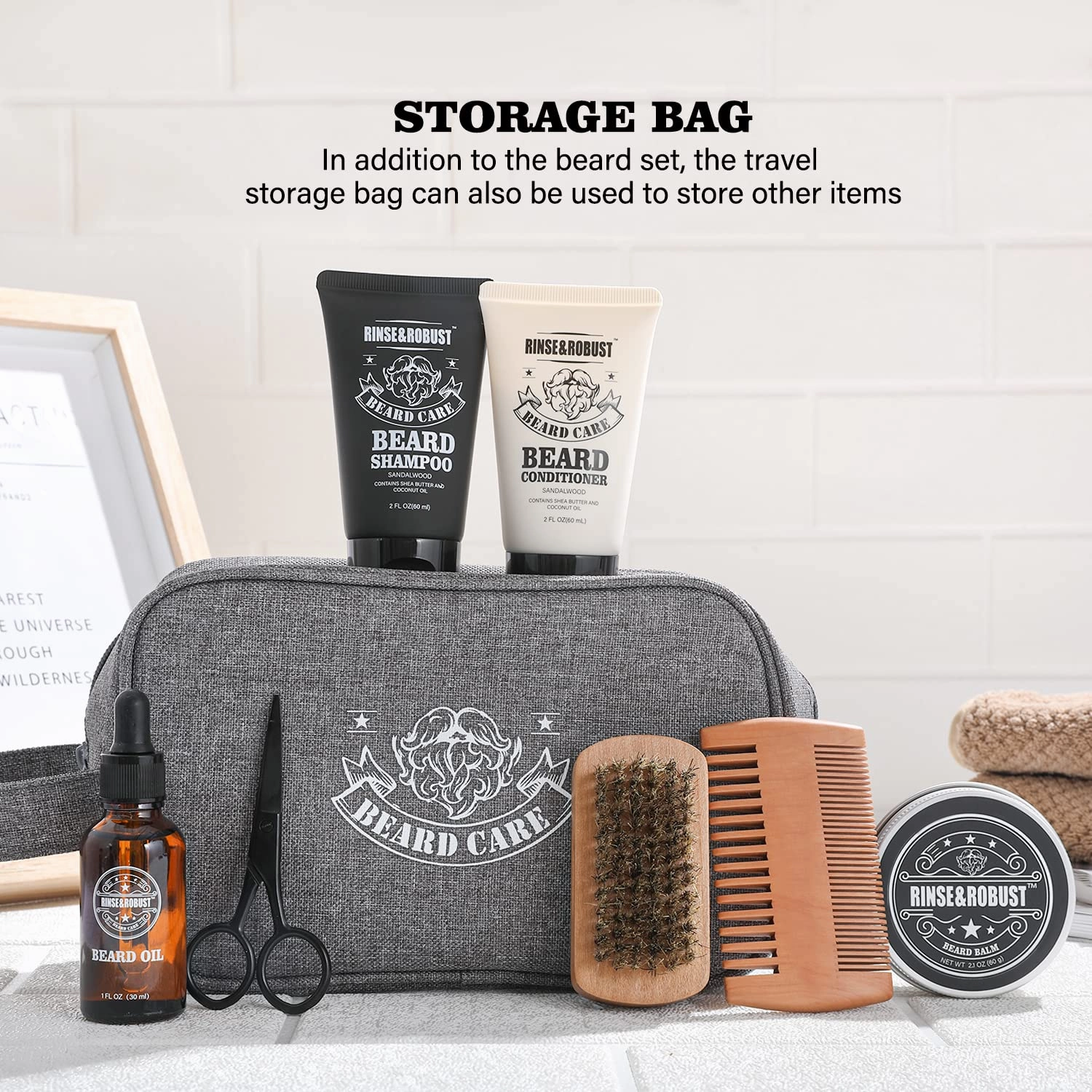 Rinse & Robust Beard Kit Beard Care Grooming for Men Beard Travel Set Gift Set for Men Travelling Bag for Men Fathers Day Dad Gift