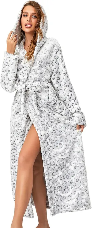 RONGTAI Womens Robes Plush Fleece Hooded Bathrobe Thick Nightgown with Pockets Fluffy Sleepwear