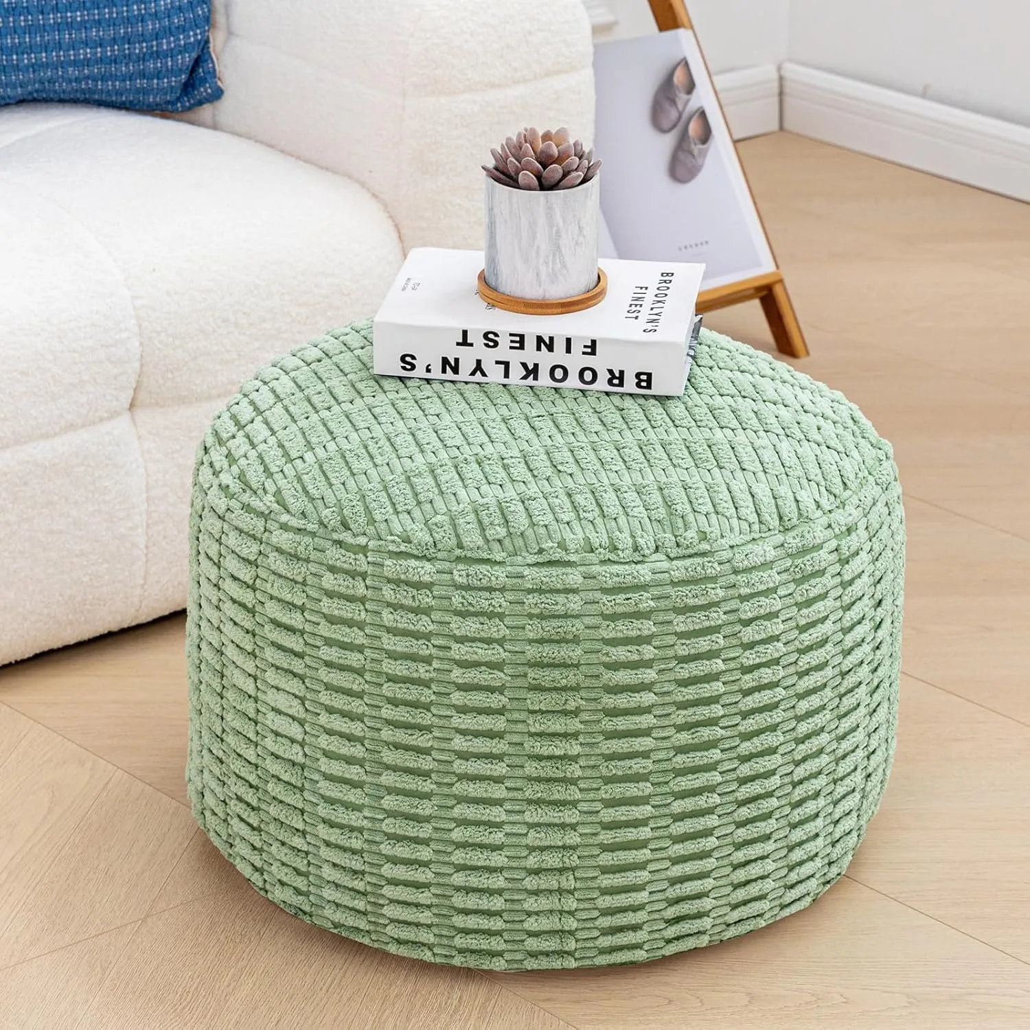 Round Pouf Ottoman Stuffed Velvet Floor Pouf Footrest Foot Stool Bean Bag Floor Chair for Bed Room Living Room Accent Seat 20x12inches with Filler Sage Green