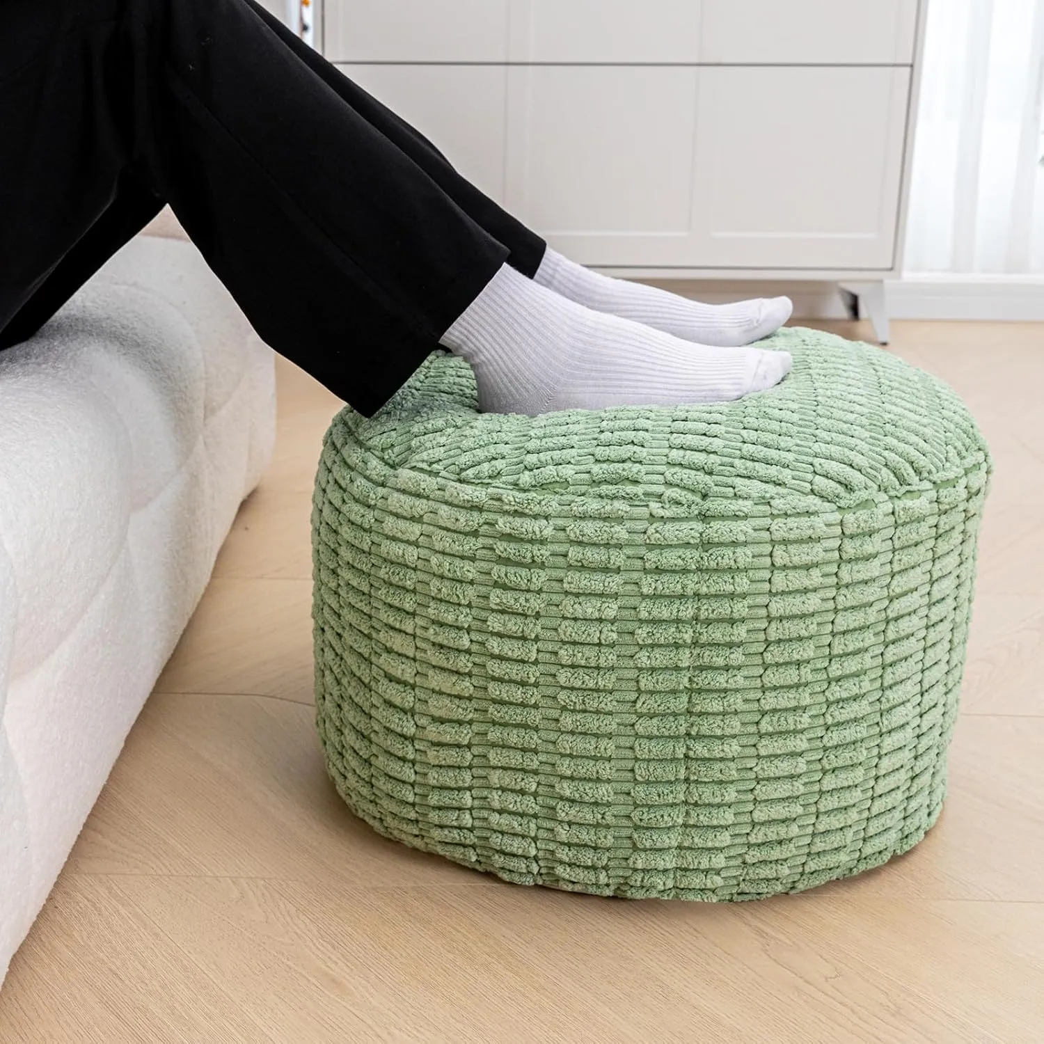 Round Pouf Ottoman Stuffed Velvet Floor Pouf Footrest Foot Stool Bean Bag Floor Chair for Bed Room Living Room Accent Seat 20x12inches with Filler Sage Green