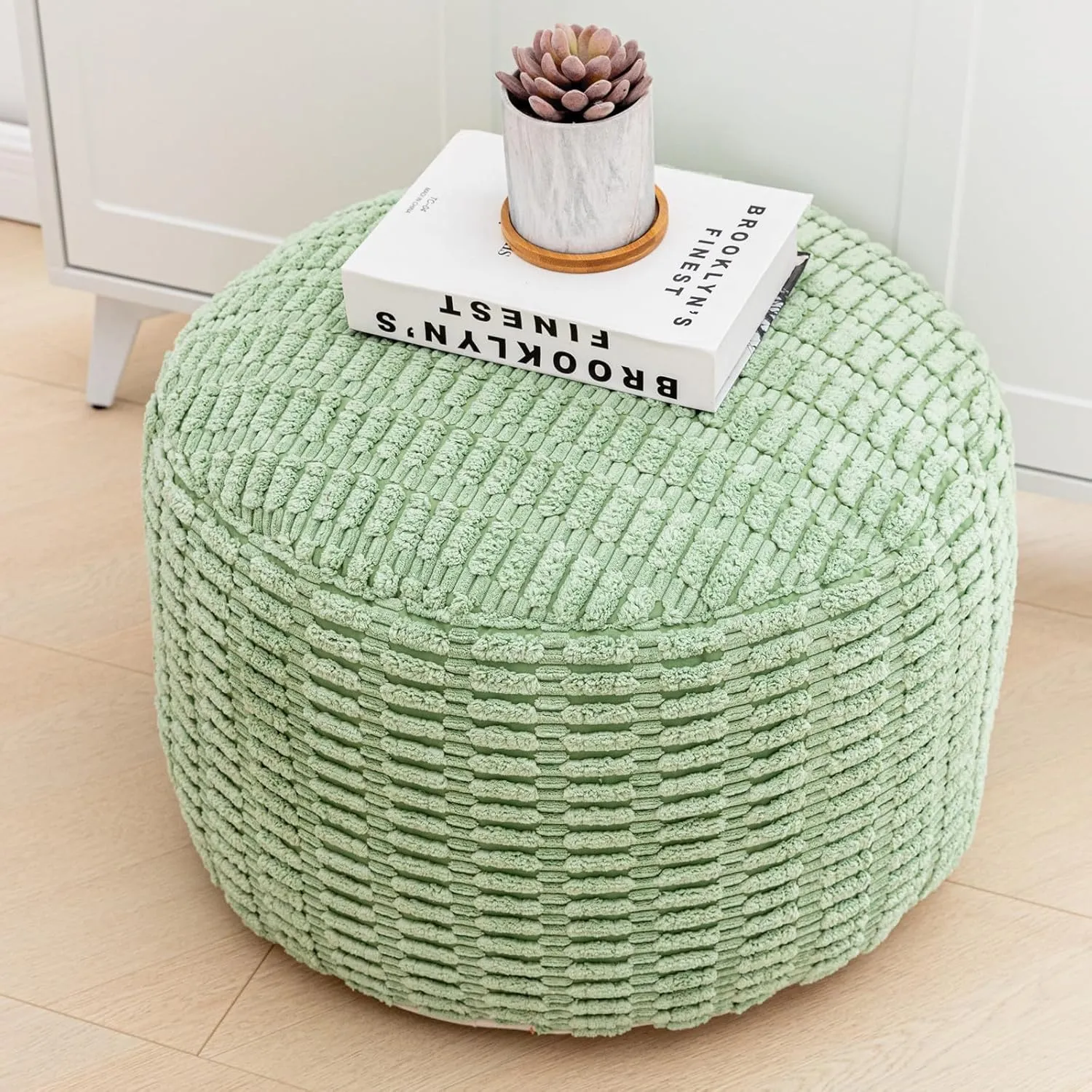 Round Pouf Ottoman Stuffed Velvet Floor Pouf Footrest Foot Stool Bean Bag Floor Chair for Bed Room Living Room Accent Seat 20x12inches with Filler Sage Green