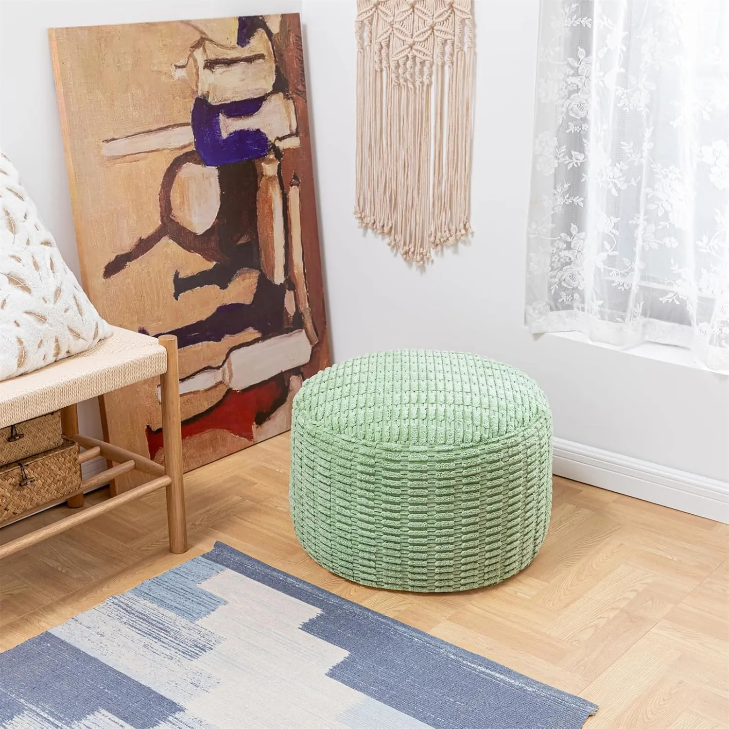 Round Pouf Ottoman Stuffed Velvet Floor Pouf Footrest Foot Stool Bean Bag Floor Chair for Bed Room Living Room Accent Seat 20x12inches with Filler Sage Green