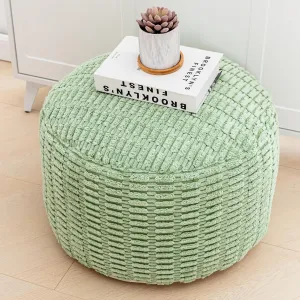 Round Pouf Ottoman Stuffed Velvet Floor Pouf Footrest Foot Stool Bean Bag Floor Chair for Bed Room Living Room Accent Seat 20x12inches with Filler Sage Green