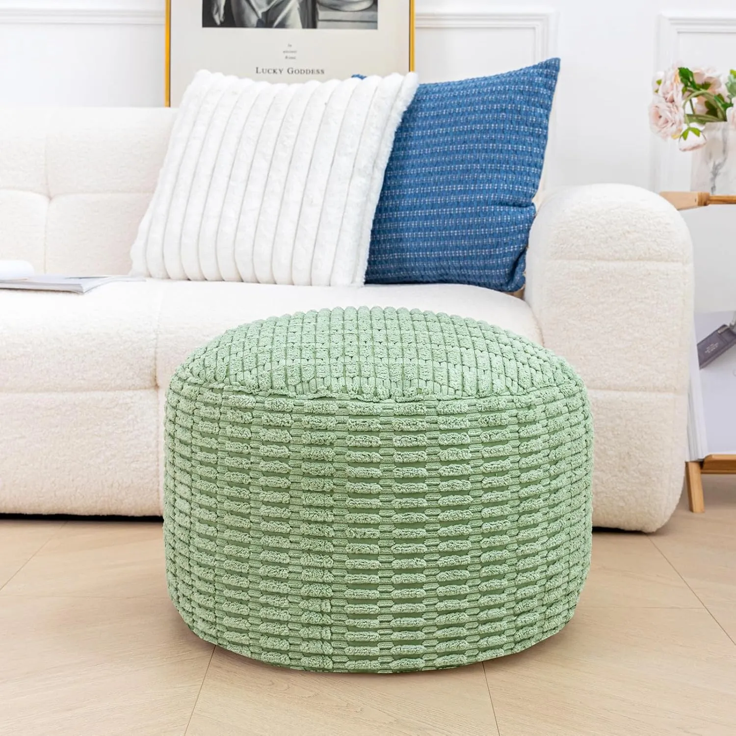 Round Pouf Ottoman Stuffed Velvet Floor Pouf Footrest Foot Stool Bean Bag Floor Chair for Bed Room Living Room Accent Seat 20x12inches with Filler Sage Green