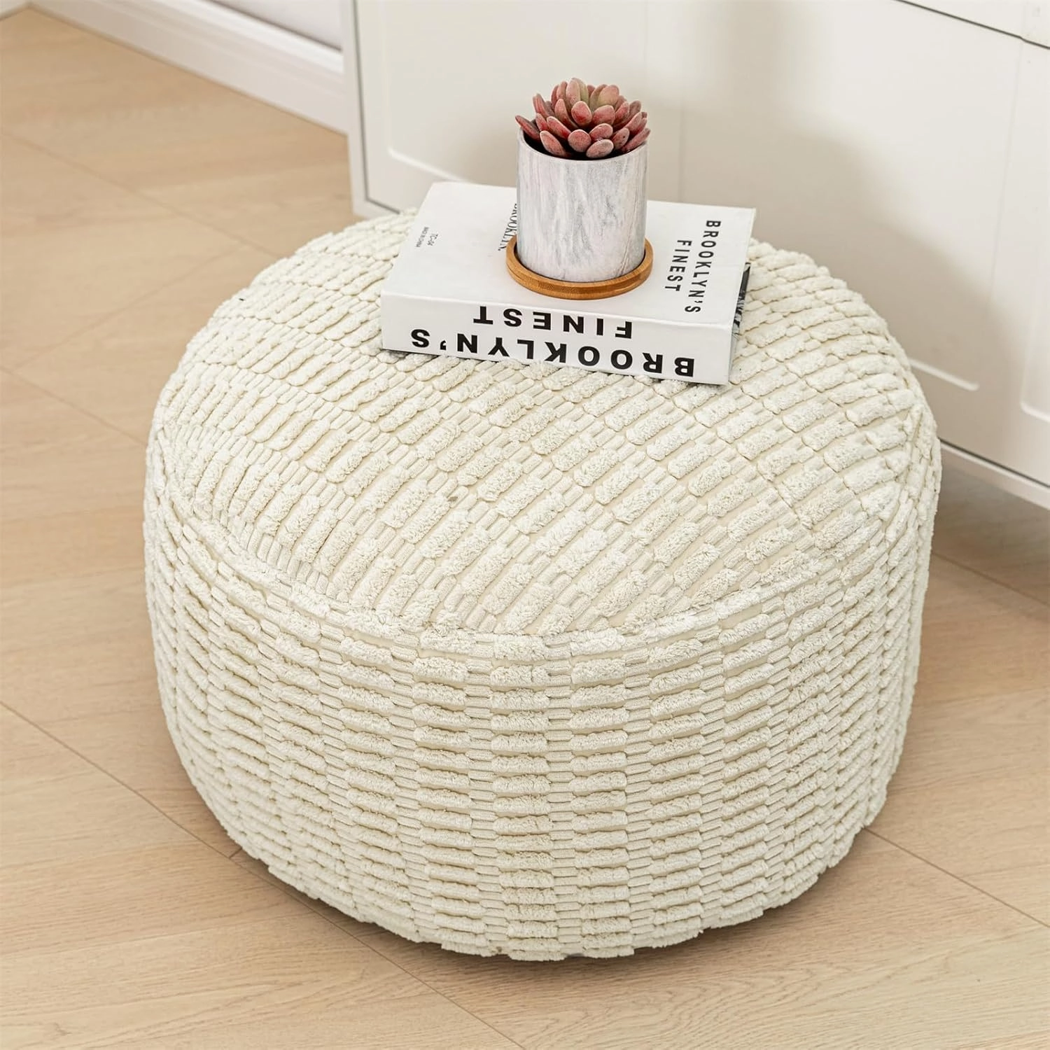 Round Pouf Ottoman Stuffed Velvet Floor Pouf Footrest,Foot Stool, Bean Bag Floor Chair for Bed Room Living Room Accent Seat 20x12inches with Filler Ivory