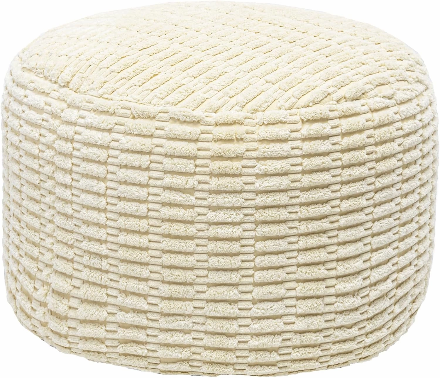 Round Pouf Ottoman Stuffed Velvet Floor Pouf Footrest,Foot Stool, Bean Bag Floor Chair for Bed Room Living Room Accent Seat 20x12inches with Filler Ivory
