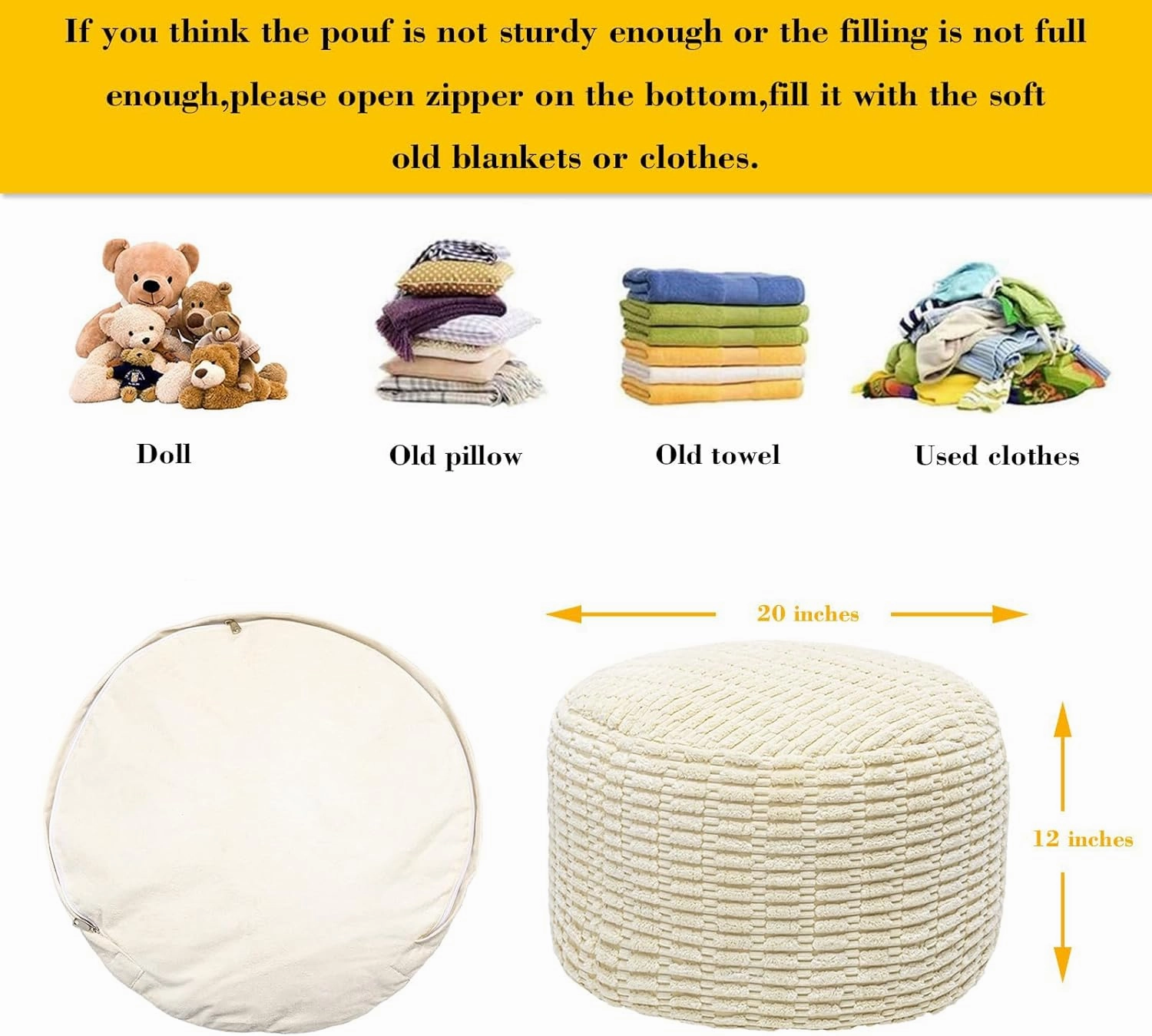 Round Pouf Ottoman Stuffed Velvet Floor Pouf Footrest,Foot Stool, Bean Bag Floor Chair for Bed Room Living Room Accent Seat 20x12inches with Filler Ivory