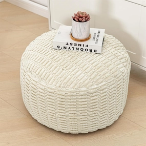 Round Pouf Ottoman Stuffed Velvet Floor Pouf Footrest,Foot Stool, Bean Bag Floor Chair for Bed Room Living Room Accent Seat 20x12inches with Filler Ivory