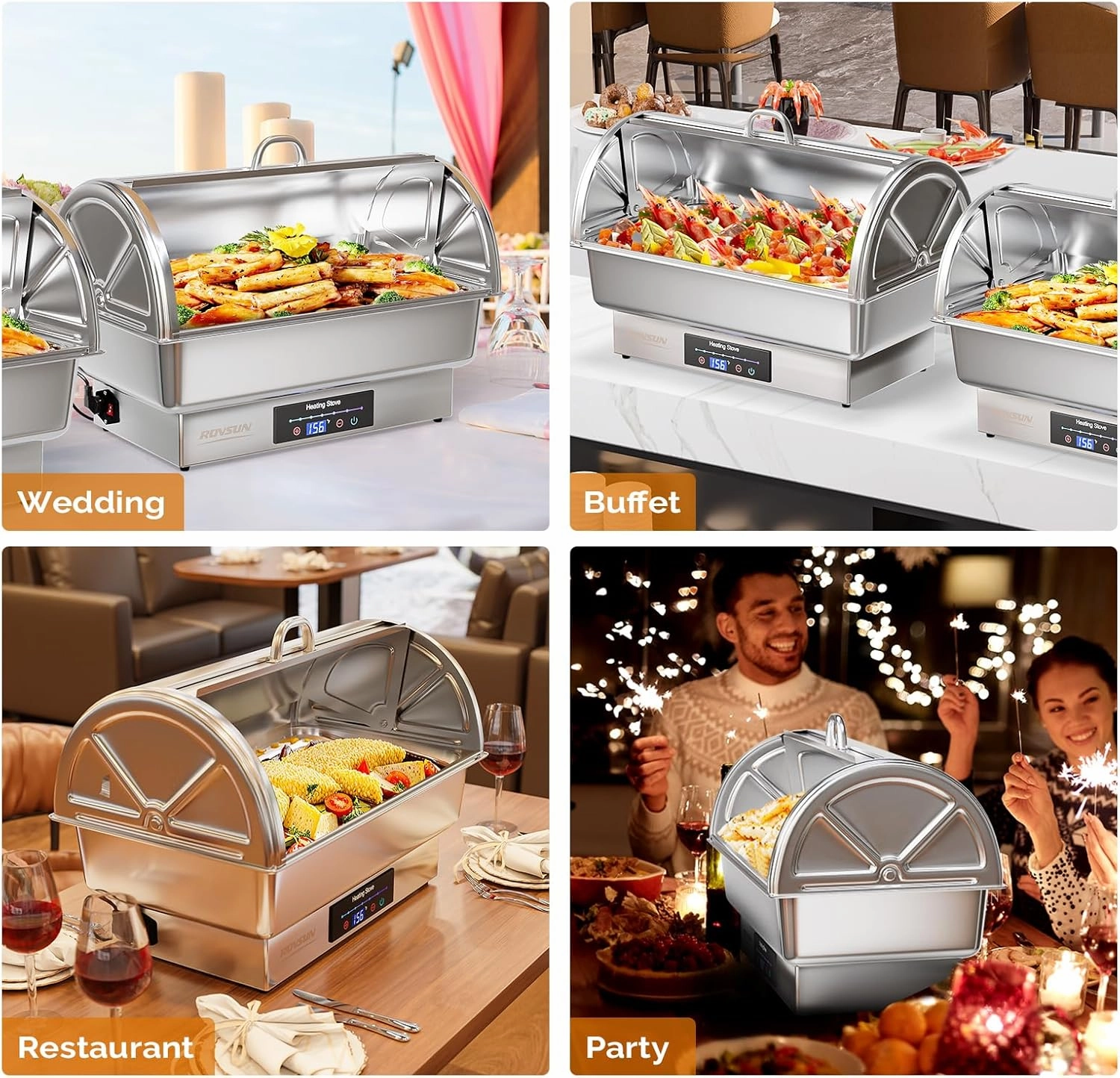 ROVSUN 9 QT Roll Top Electric Chafing Dishes for Buffet,Stainless Steel Chafing Dish Buffet Set with Temperature Control Display,Chafers and Buffet Warmers with Full & Half Size Pan for Party Catering