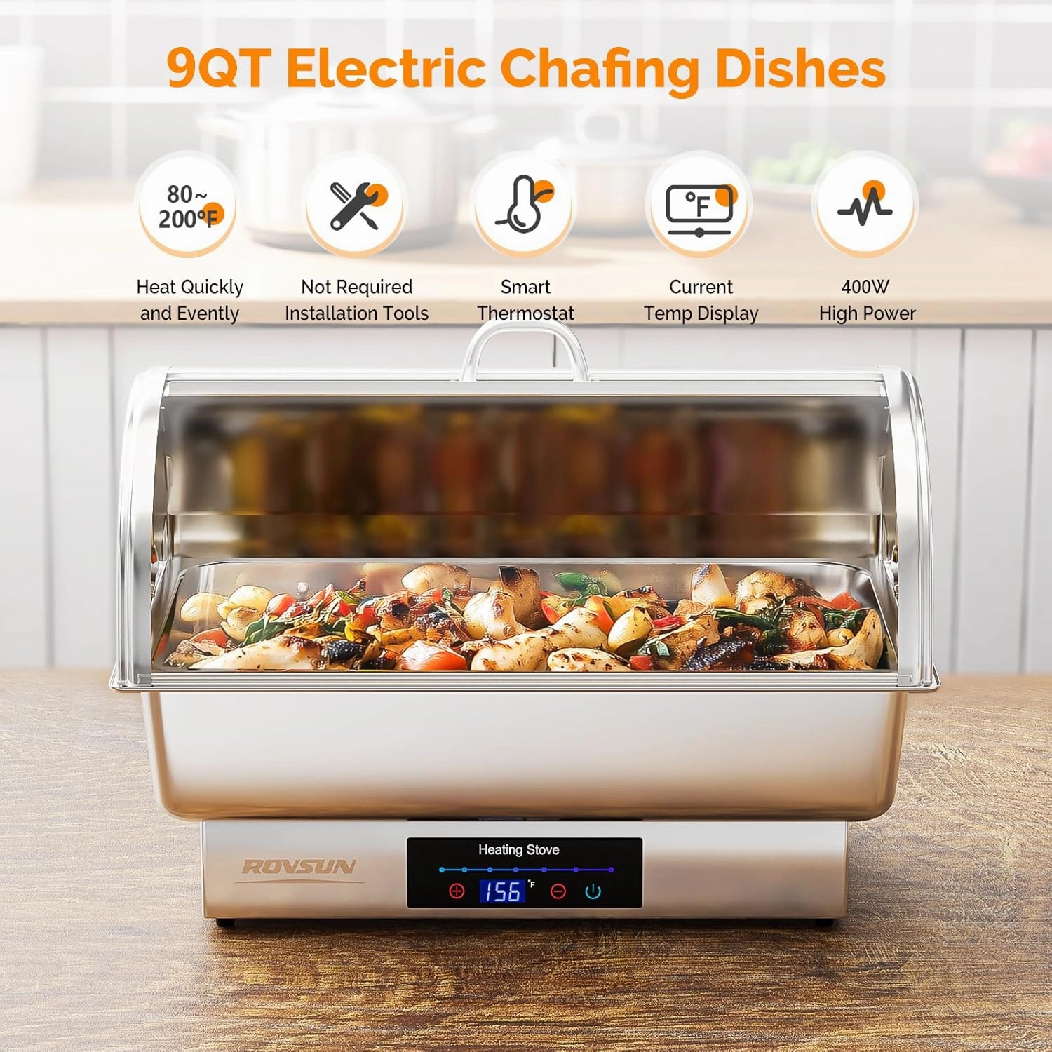 ROVSUN 9 QT Roll Top Electric Chafing Dishes for Buffet,Stainless Steel Chafing Dish Buffet Set with Temperature Control Display,Chafers and Buffet Warmers with Full & Half Size Pan for Party Catering