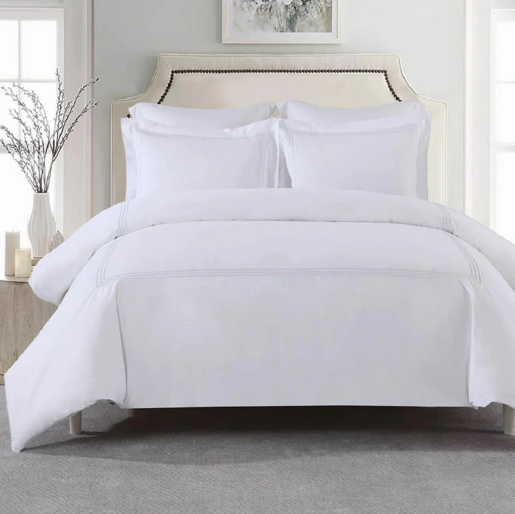 Royal Hotel Bedding Embroidered Adeline 3 Piece Comforter Cover with Pillow Shams, Duvet Cover Set, 100% Cotton Percale, Full/Queen, White