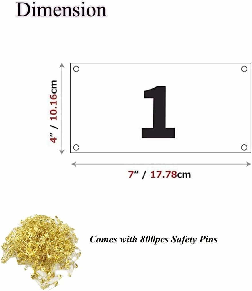 Running Race Bibs Large Numbers with Safety Pins for Marathon Race Events- Tyvek Tearproof Waterproof