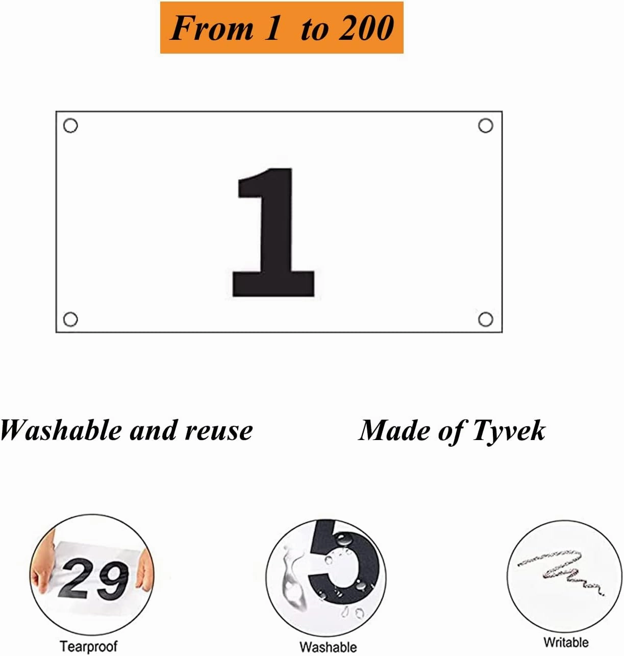 Running Race Bibs Large Numbers with Safety Pins for Marathon Race Events- Tyvek Tearproof Waterproof