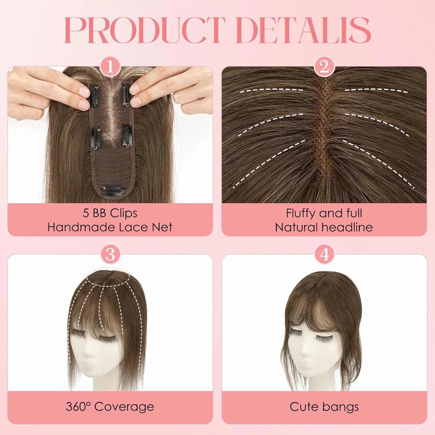 S-noilite Hair Toppers for Women with Bangs Real Human Hair 360° 3D Cover Clip in Bangs 2X6 Coverage Clip in Hairpiece for Women with Thinning Hairline 14Inch(Dark Brown)