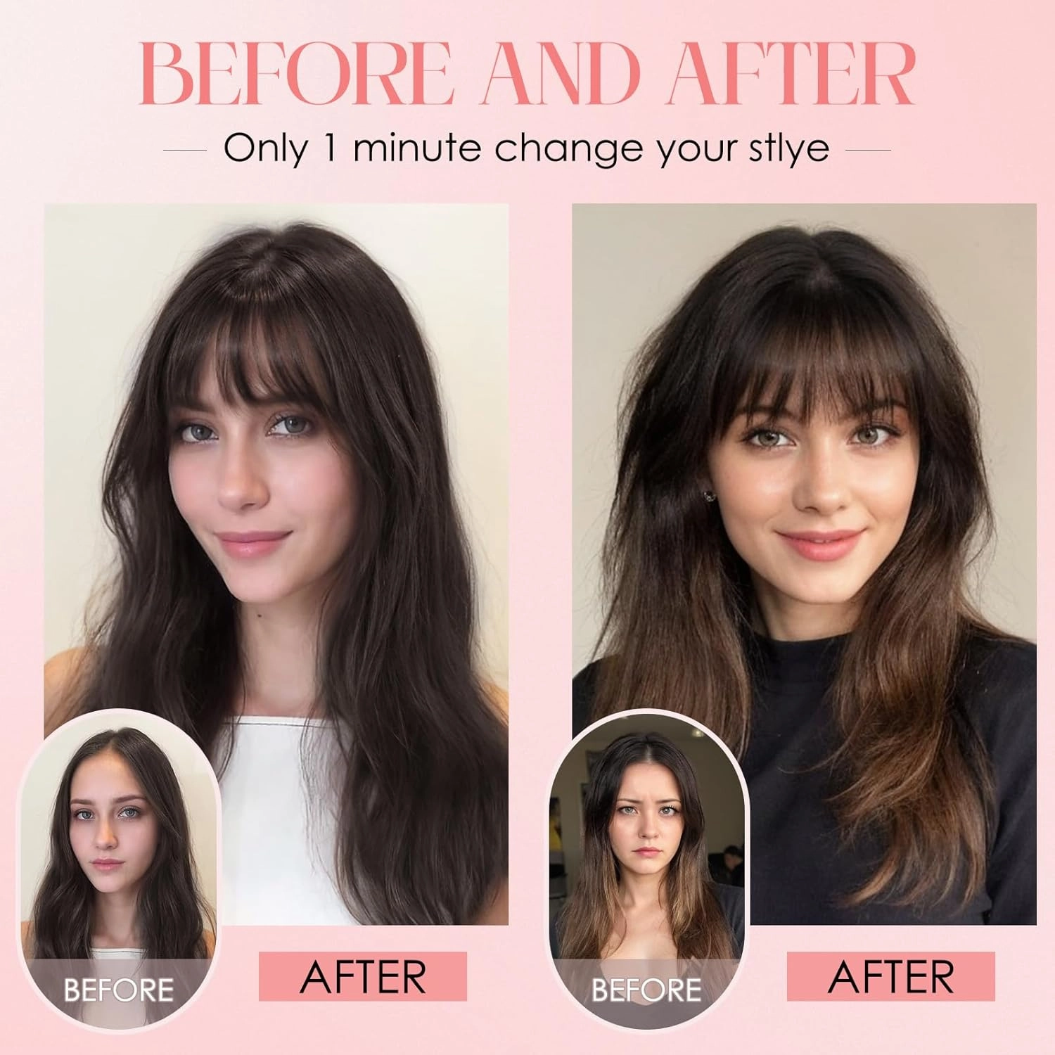 S-noilite Hair Toppers for Women with Bangs Real Human Hair 360° 3D Cover Clip in Bangs 2X6 Coverage Clip in Hairpiece for Women with Thinning Hairline 14Inch(Dark Brown)
