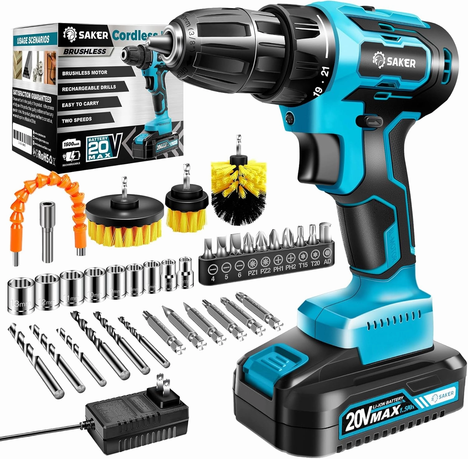 Saker Cordless Drill Set, Brushless 20V Electric Drill with Drill Bits, 3/8-Inch Keyless Chuck, 2 Variable Speeds, 430 In-lbs Torque Battery Power Screwdriver Driver for Plastic, Wood, Metal, Screws