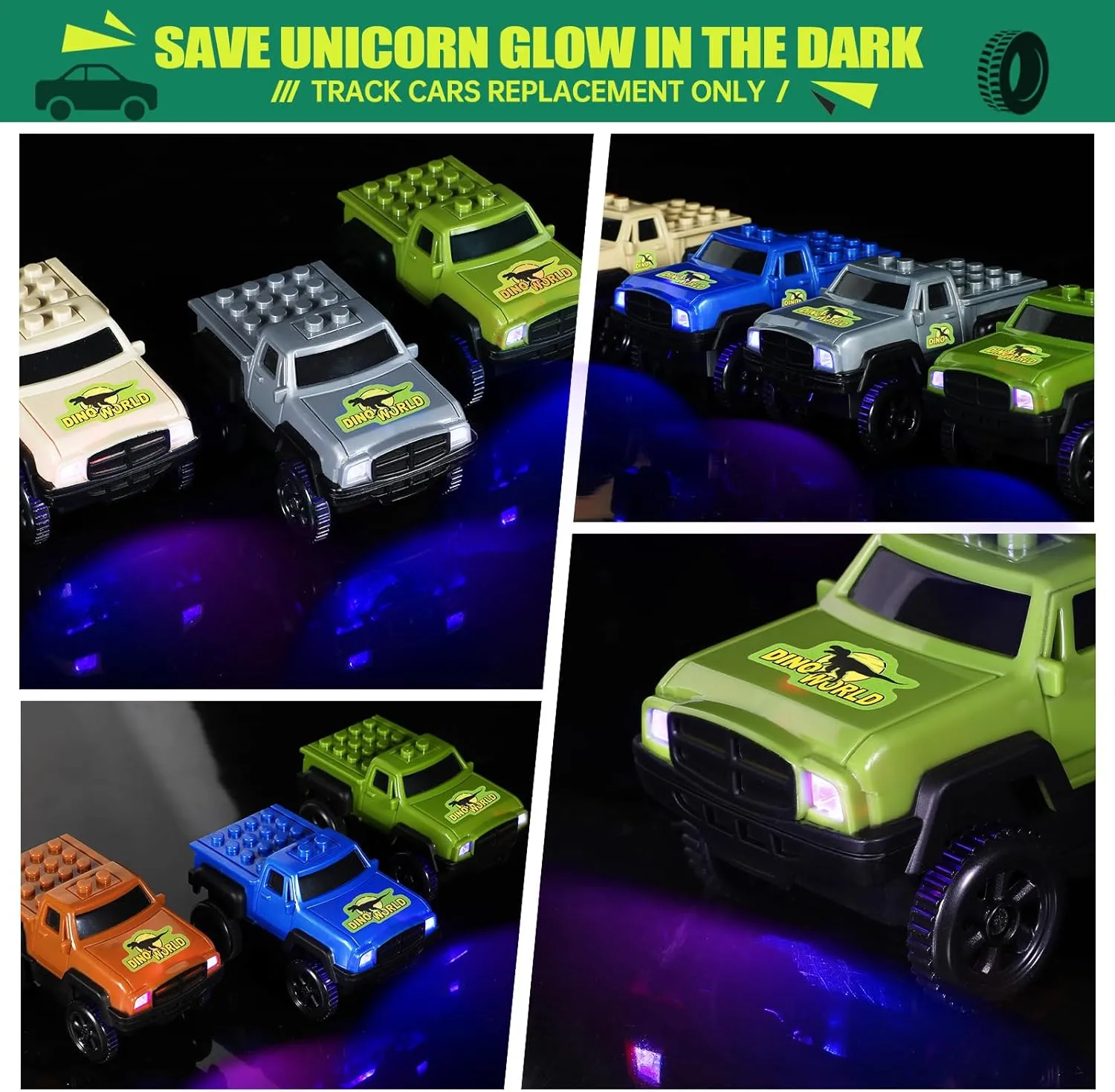 Save Unicorn Tracks Cars Replacement only,Track Cars for Tracks Glow in The Dark, Car Tracks Accessories with 3 Flashing LED Lights, Compatible with Most Car Tracks for Kids (3pack)