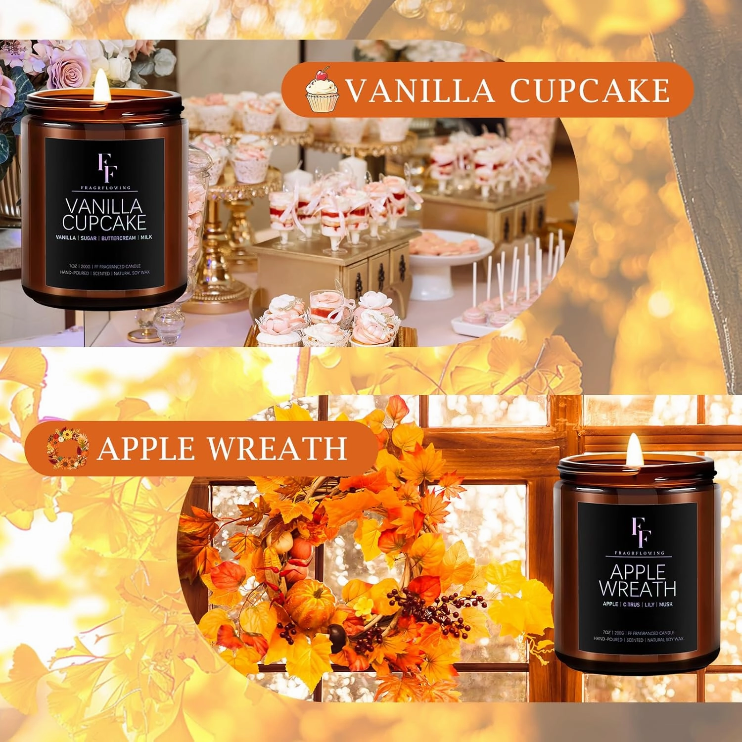 Scented Candles Set, 4 Pack Candles for Home Scented Natural Soy Wax, Holiday Gifts Set for Women Men, Fragrance of Spice/Vanilla Cupcake/Apple Wreath/Hello Fall