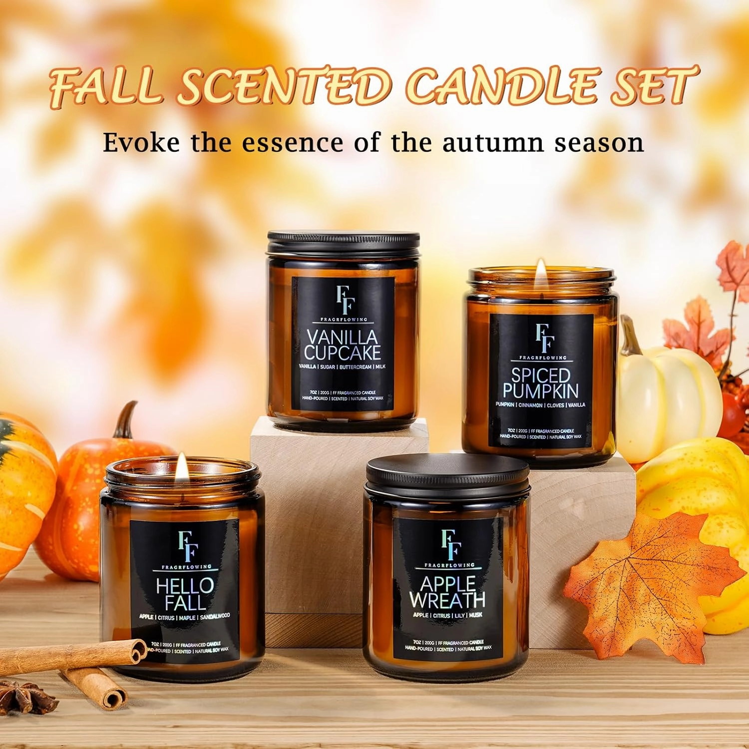 Scented Candles Set, 4 Pack Candles for Home Scented Natural Soy Wax, Holiday Gifts Set for Women Men, Fragrance of Spice/Vanilla Cupcake/Apple Wreath/Hello Fall