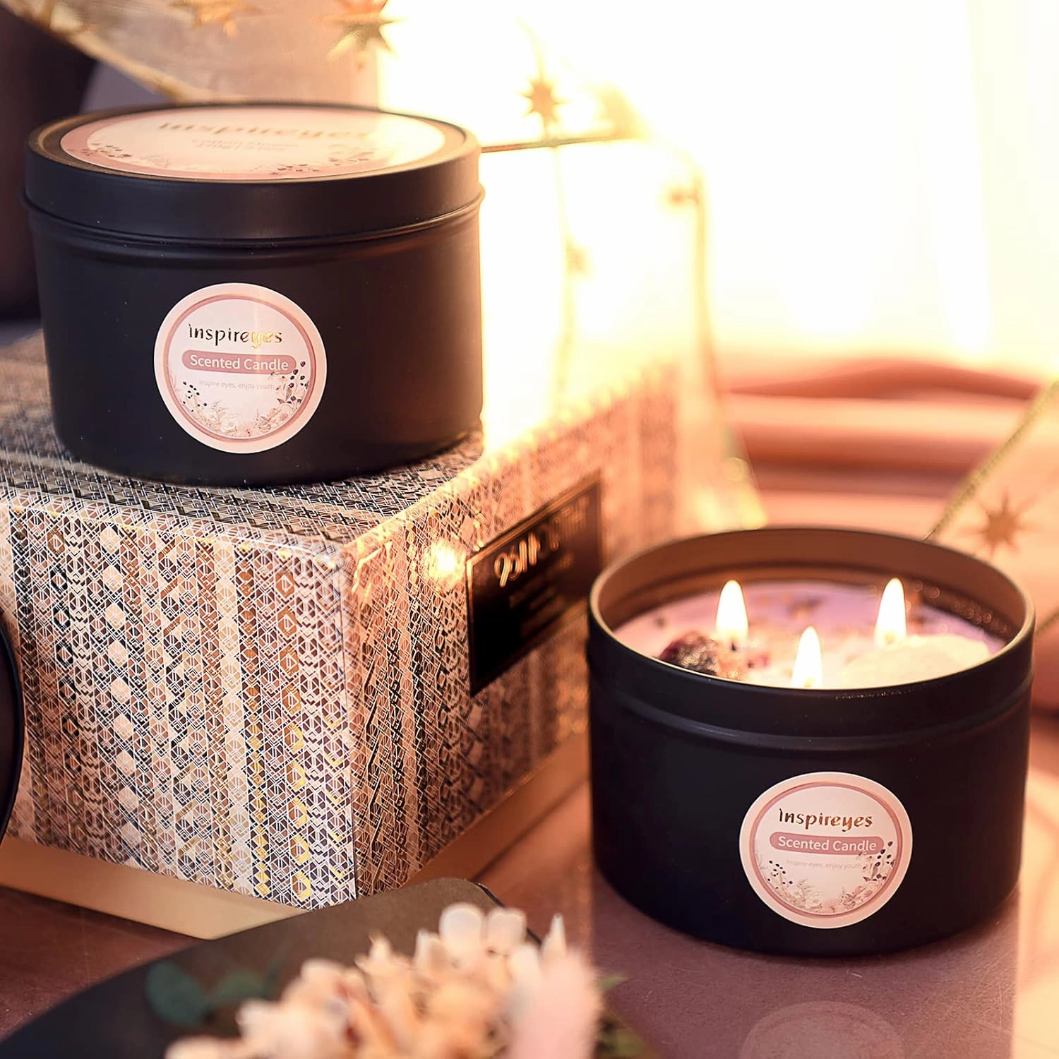 Scented Candles Set with Crystal, 3 Wick Candle 19 oz Soy Wax Aromatherapy Meditation Candles, Large Manifestation Candle with Large Energy Stones, Birthday Gifts for Women