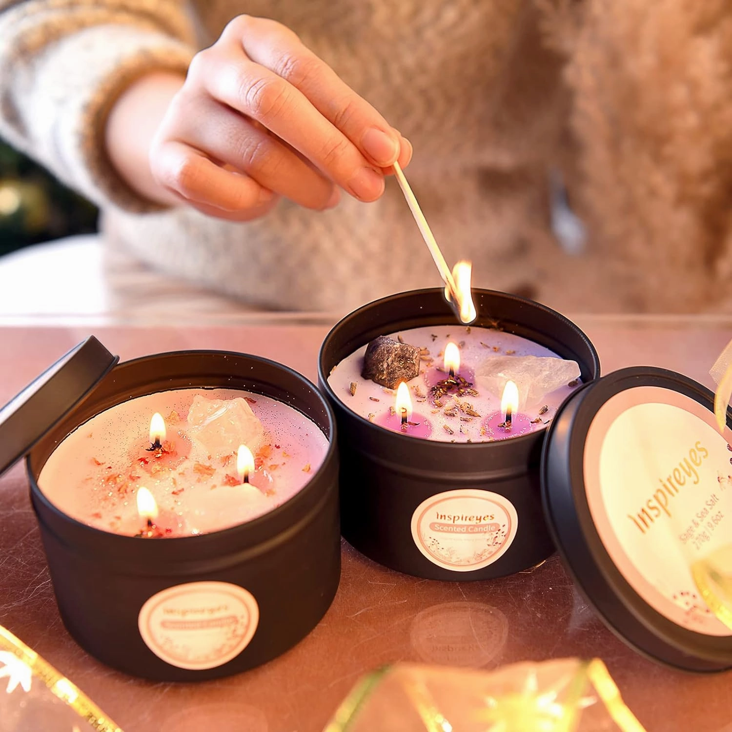 Scented Candles Set with Crystal, 3 Wick Candle 19 oz Soy Wax Aromatherapy Meditation Candles, Large Manifestation Candle with Large Energy Stones, Birthday Gifts for Women