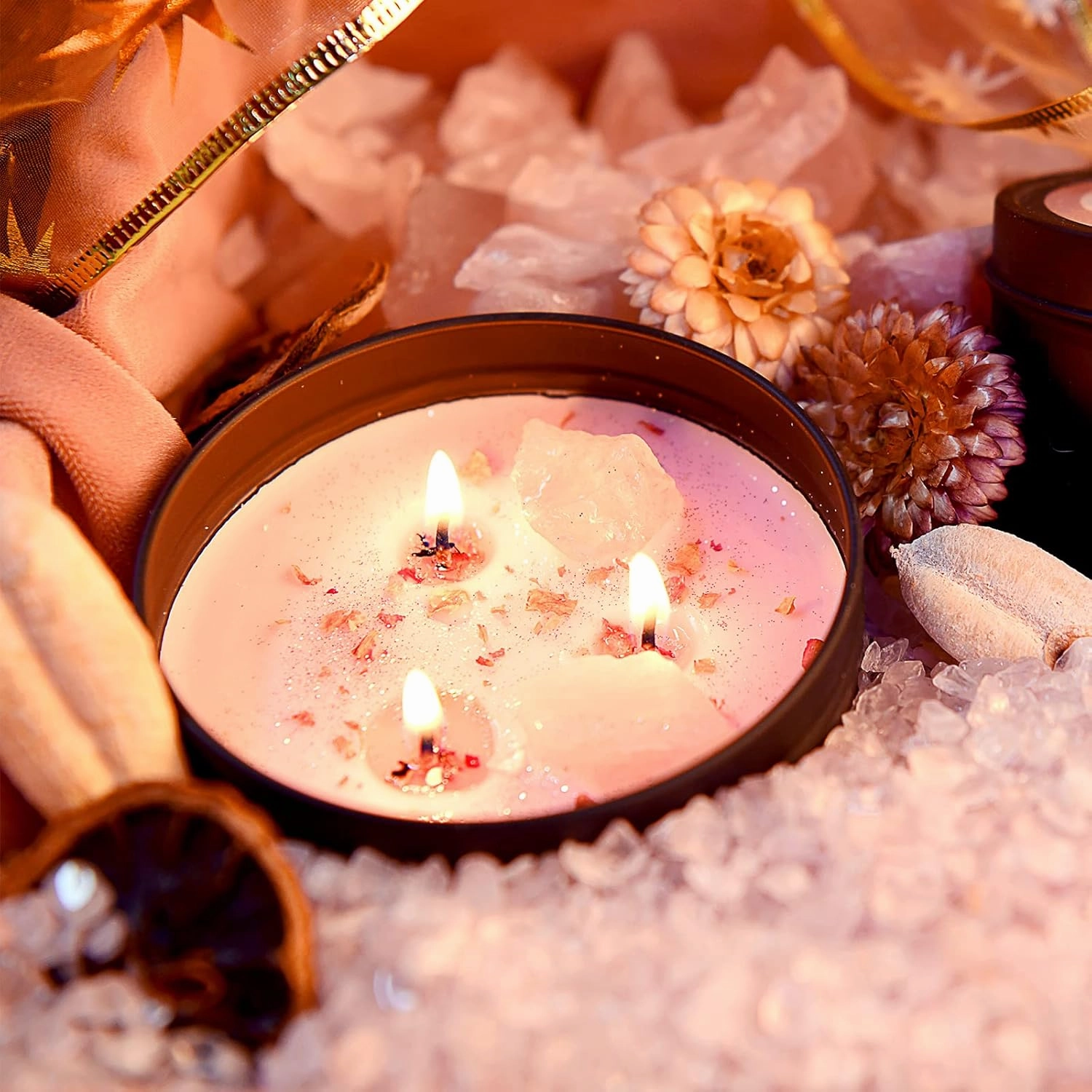 Scented Candles Set with Crystal, 3 Wick Candle 19 oz Soy Wax Aromatherapy Meditation Candles, Large Manifestation Candle with Large Energy Stones, Birthday Gifts for Women