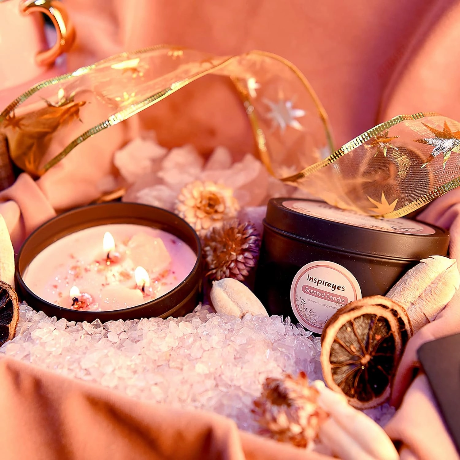 Scented Candles Set with Crystal, 3 Wick Candle 19 oz Soy Wax Aromatherapy Meditation Candles, Large Manifestation Candle with Large Energy Stones, Birthday Gifts for Women