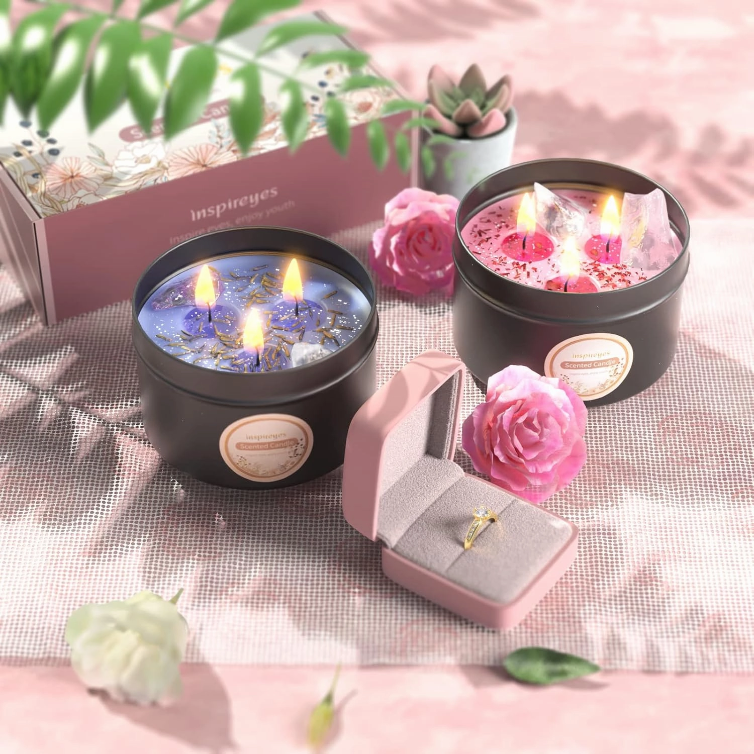 Scented Candles Set with Crystal, 3 Wick Candle 19 oz Soy Wax Aromatherapy Meditation Candles, Large Manifestation Candle with Large Energy Stones, Birthday Gifts for Women