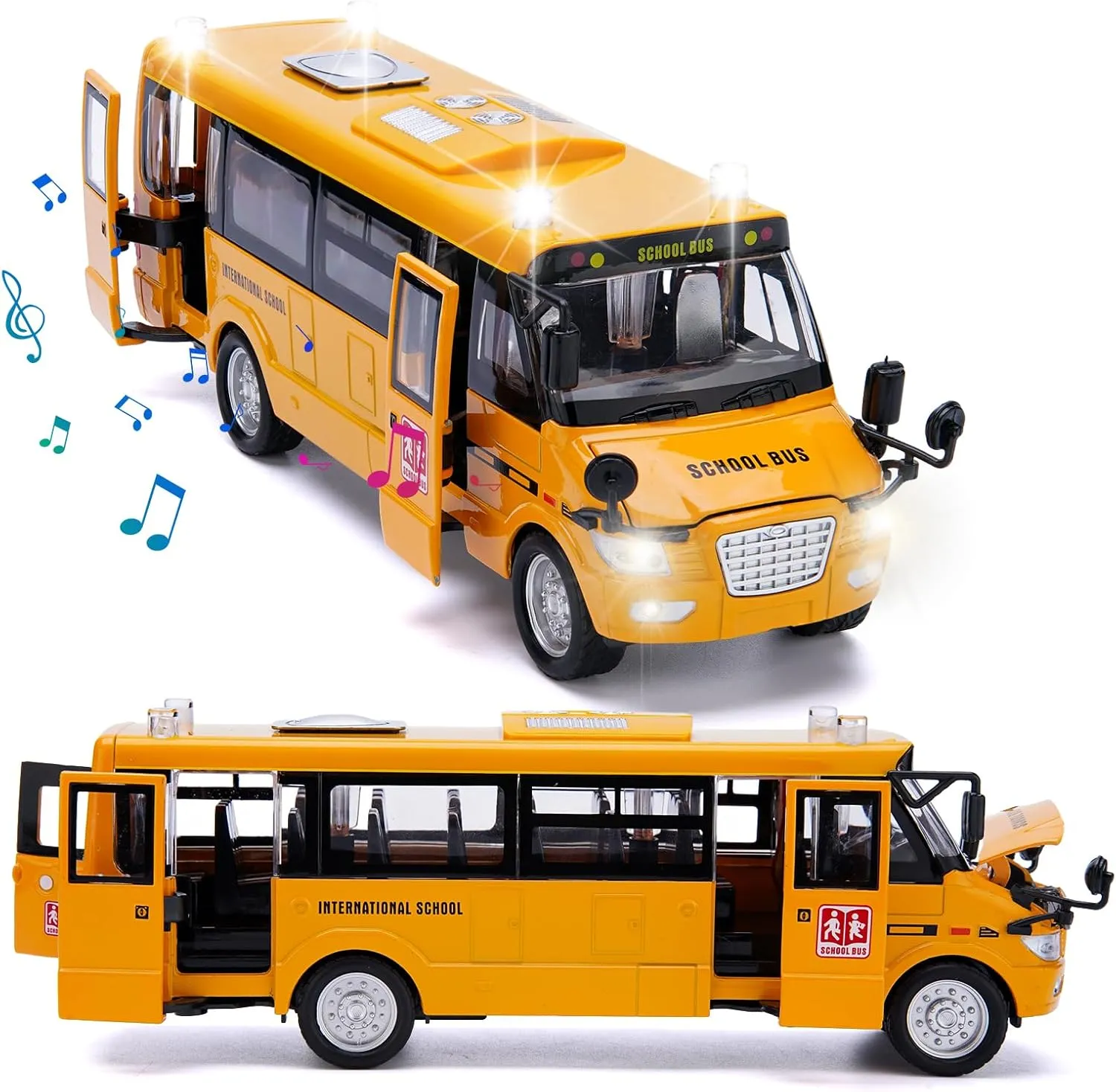 School Bus Toy, Die Cast Model Car with Flashing Lights & Sounds, Friction Powered, Back & Side Doors Open, Large Yellow Metal Toy Vehicles, Play Bus Easter Gift for Kids Toddlers Ages 3 