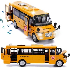 School Bus Toy, Die Cast Model Car with Flashing Lights & Sounds, Friction Powered, Back & Side Doors Open, Large Yellow Metal Toy Vehicles, Play Bus Easter Gift for Kids Toddlers Ages 3 