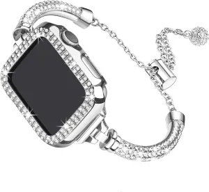 Secbolt Bling Band and Case Compatible with Apple Watch Band 38mm 40mm 41mm 42mm 44mm 45mm, Women Dressy Metal Bracelet with Rhinestone Bumper for iWatch Series 9/8/7/SE/6/5/4/3/2/1
