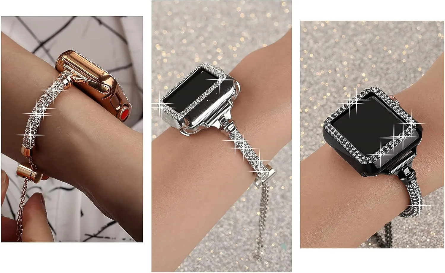 Secbolt Bling Band and Case Compatible with Apple Watch Band 38mm 40mm 41mm 42mm 44mm 45mm, Women Dressy Metal Bracelet with Rhinestone Bumper for iWatch Series 9/8/7/SE/6/5/4/3/2/1