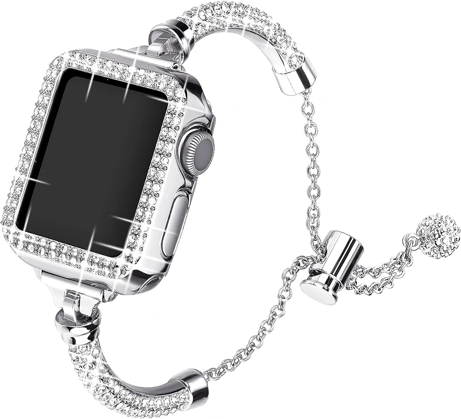 Secbolt Bling Band and Case Compatible with Apple Watch Band 38mm 40mm 41mm 42mm 44mm 45mm, Women Dressy Metal Bracelet with Rhinestone Bumper for iWatch Series 9/8/7/SE/6/5/4/3/2/1