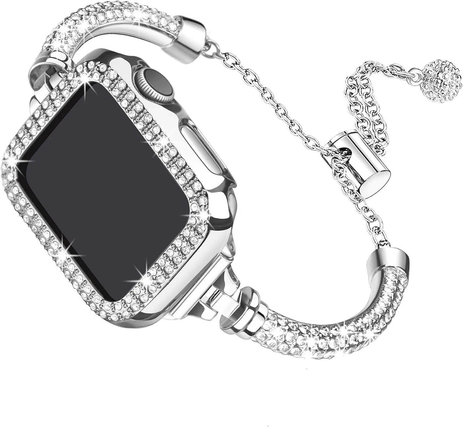 Secbolt Bling Band and Case Compatible with Apple Watch Band 38mm 40mm 41mm 42mm 44mm 45mm, Women Dressy Metal Bracelet with Rhinestone Bumper for iWatch Series 9/8/7/SE/6/5/4/3/2/1