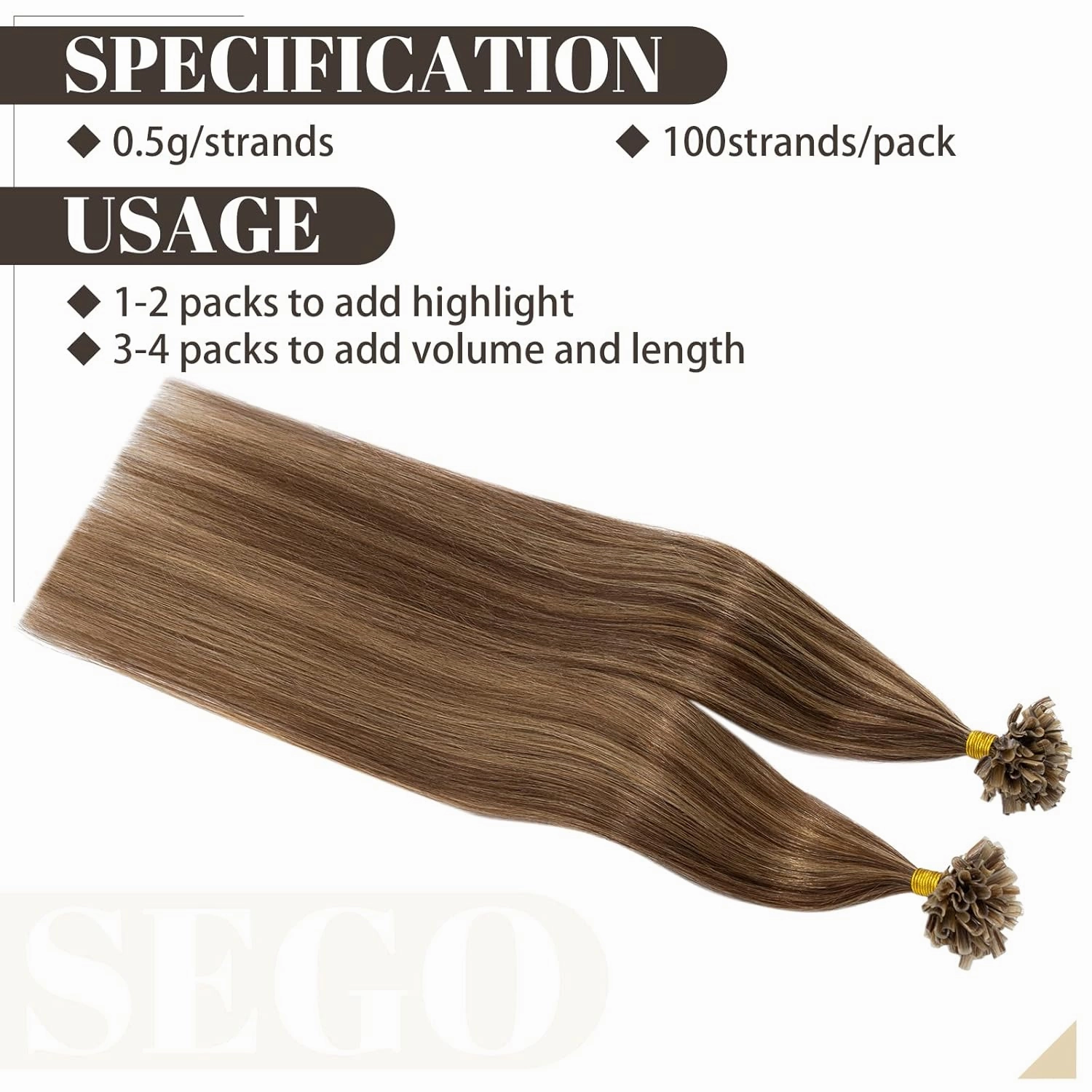 SEGO U Tip Hair Extensions - 100 Strands, 100% Remy Human Hair, Silky Straight, Keratin Fusion Pre-Bonded, #4P27 Medium Brown mix Dark Blonde, 18 inches, 50g